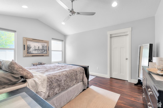 bedroom with dark wood-style flooring, vaulted ceiling, recessed lighting, baseboards, and ceiling fan