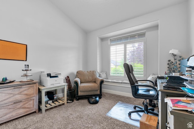 office with carpet and lofted ceiling
