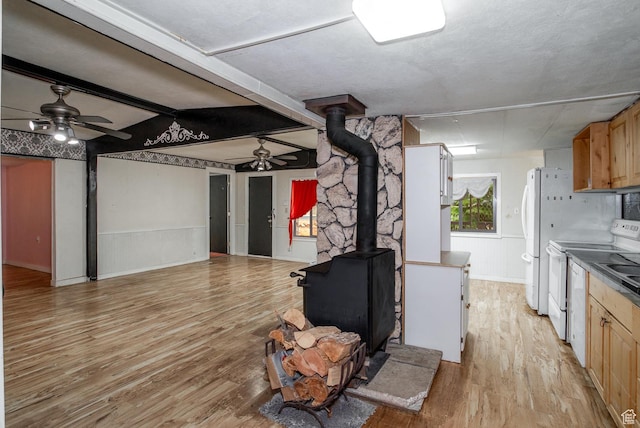 345 N Main St, Ivins, UT 84738 - basement featuring a wood stove, ceiling fan, light wood-style flooring, and wainscoting