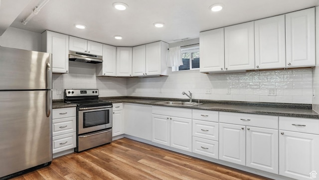 906 N Fort Canyon Rd, Alpine, UT 84004 - kitchen featuring stainless steel appliances, a sink, under cabinet range hood, dark countertops, and recessed lighting