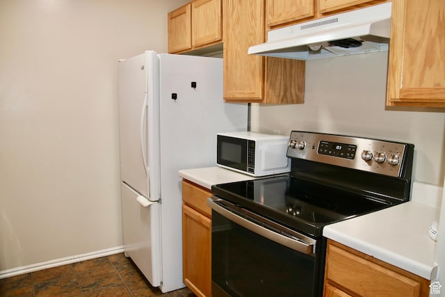147 W 600 N Unit 111, Tooele, UT 84074 - kitchen featuring electric range, under cabinet range hood, white microwave, baseboards, and light countertops