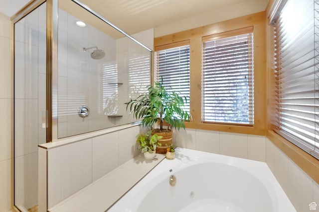 8135 S Clover Spring Ln E, Cottonwood Heights, UT 84121 - bathroom featuring healthy amount of natural light, tiled shower, and a whirlpool tub