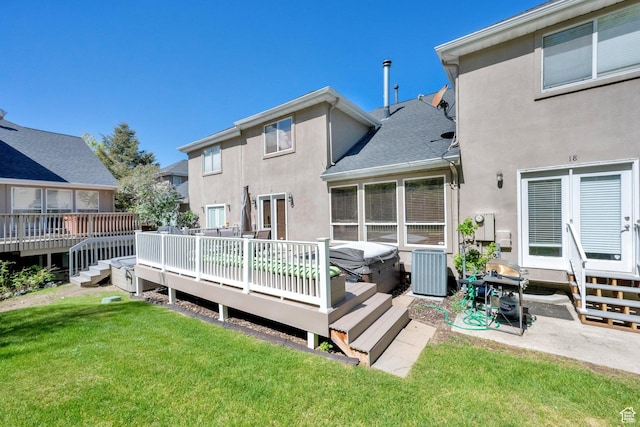 8135 S Clover Spring Ln E, Cottonwood Heights, UT 84121 - back of house featuring stucco siding, a wooden deck, a yard, central AC, and roof with shingles