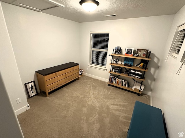 miscellaneous room featuring a textured ceiling, baseboards, and carpet floors