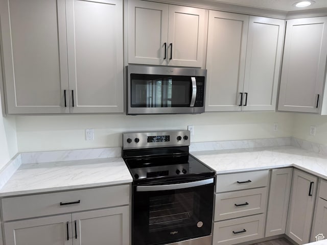 kitchen with stainless steel appliances and light stone countertops