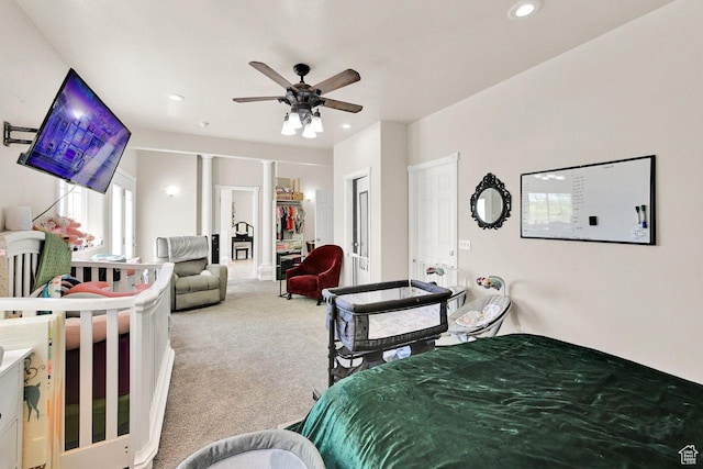 1159 E 5700 S, South Ogden, UT 84405 - carpeted bedroom featuring ornate columns, recessed lighting, and a ceiling fan
