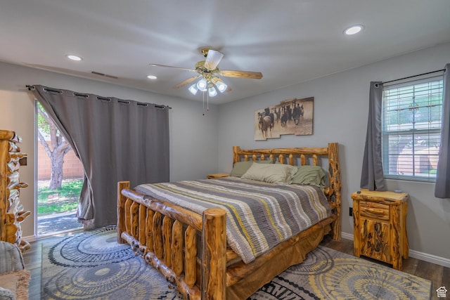 bedroom featuring access to outside, wood finished floors, recessed lighting, baseboards, and a ceiling fan