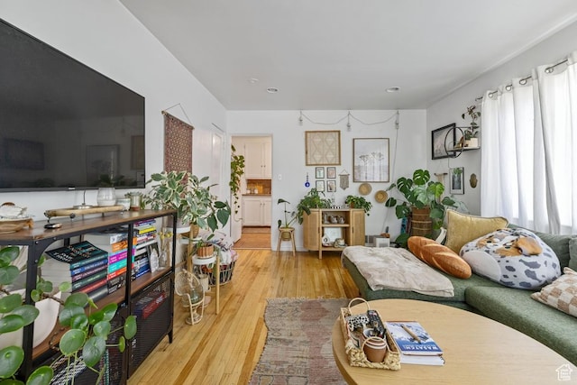 living area featuring light wood finished floors and recessed lighting