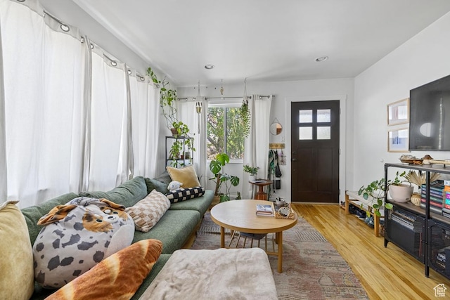 living area featuring light wood finished floors and recessed lighting