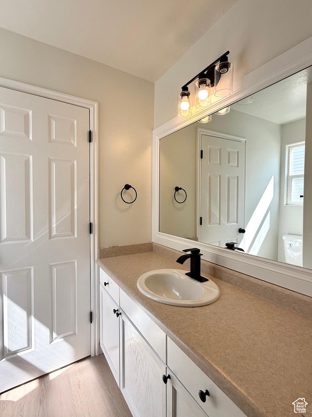 bathroom featuring vanity, wood finished floors, and toilet