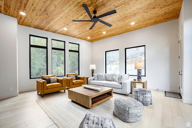 9335 N Canopy Ln E, Sundance, UT 84604 - living room with wooden ceiling, ceiling fan, recessed lighting, light wood-style flooring, and baseboards