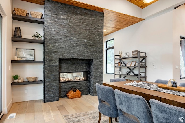 9335 N Canopy Ln E, Sundance, UT 84604 - dining room featuring wooden ceiling, wood finished floors, a stone fireplace, and baseboards