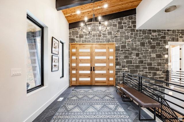 9335 N Canopy Ln E, Sundance, UT 84604 - entrance foyer with a chandelier, high vaulted ceiling, wood ceiling, french doors, and baseboards
