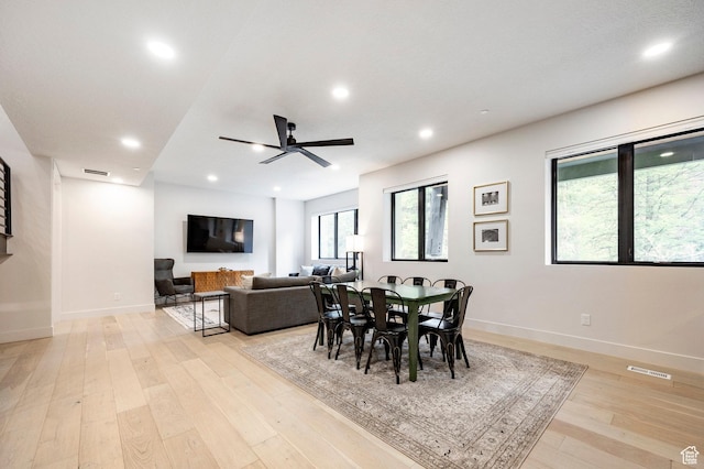 9335 N Canopy Ln E, Sundance, UT 84604 - dining space featuring ceiling fan, light wood-style flooring, baseboards, and recessed lighting