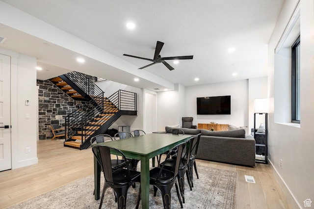 9335 N Canopy Ln E, Sundance, UT 84604 - dining space featuring stairs, light wood-style flooring, baseboards, ceiling fan, and recessed lighting