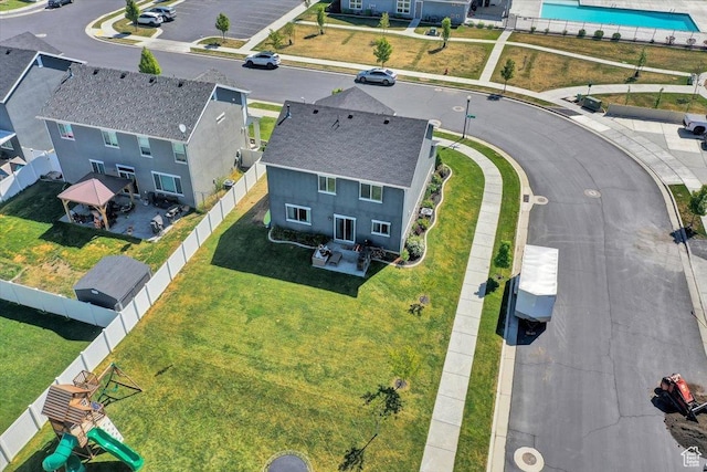 aerial view of a pool area