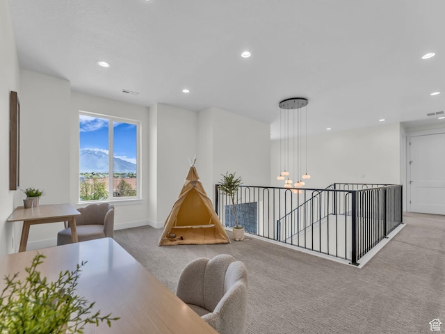 game room with carpet, a chandelier, recessed lighting, and baseboards