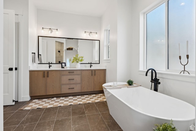 full bathroom featuring plenty of natural light, a freestanding tub, and double vanity