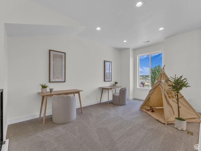 game room featuring carpet, recessed lighting, baseboards, and vaulted ceiling