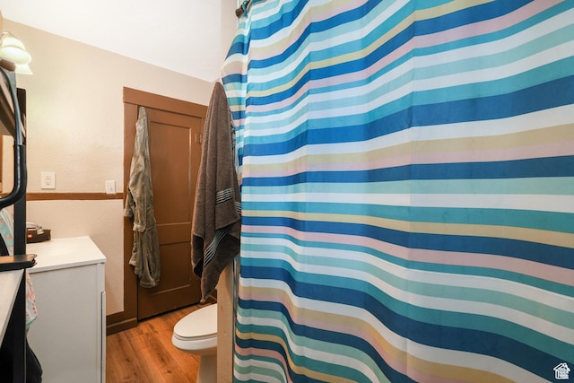 full bath featuring vanity, wood finished floors, toilet, and a shower with shower curtain