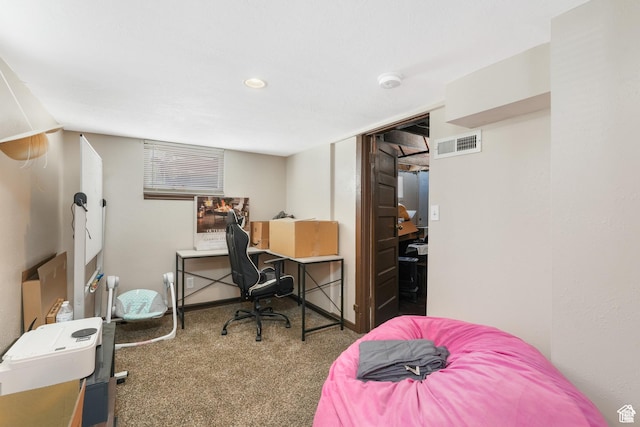 carpeted home office with recessed lighting