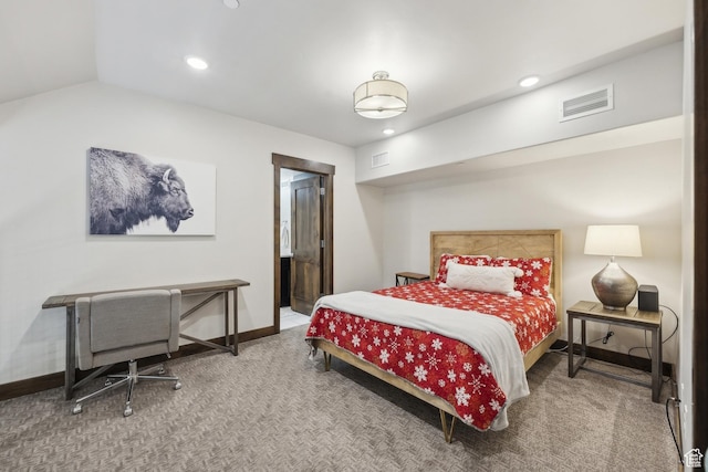 carpeted bedroom featuring recessed lighting and baseboards