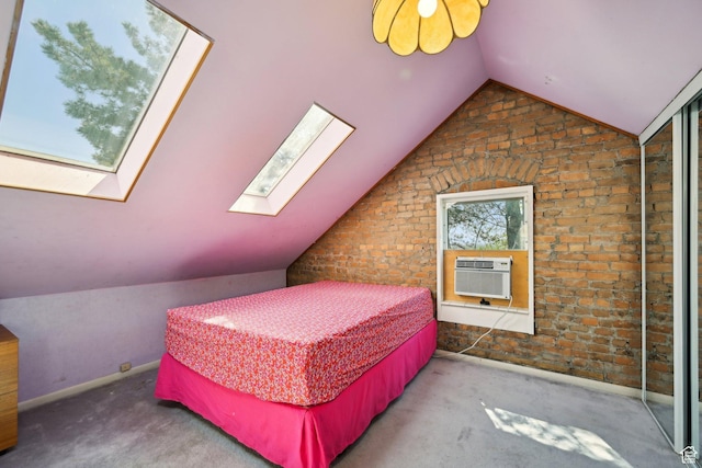 528 N Westcapitol St, Salt Lake City, UT 84103 - bedroom featuring vaulted ceiling, a skylight, brick wall, carpet floors, and baseboards