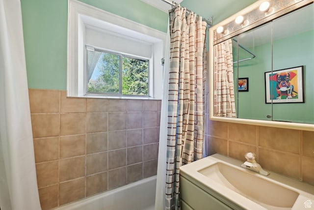 528 N Westcapitol St, Salt Lake City, UT 84103 - bathroom featuring shower / tub combo, vanity, and tile walls