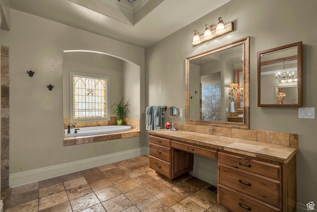 3770 Sugar Leo Rd, Bloomington, UT 84790 - bathroom featuring a garden tub, vanity, and stone tile floors