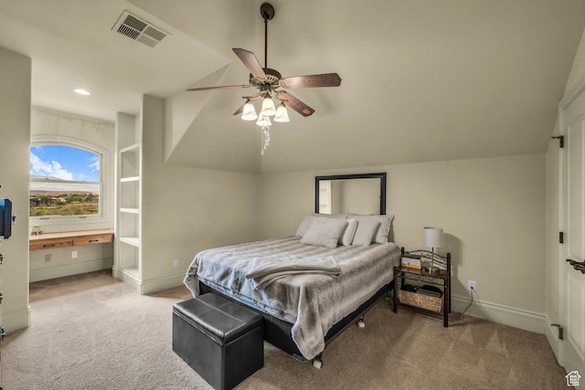 bedroom featuring carpet flooring, baseboards, lofted ceiling, and a ceiling fan