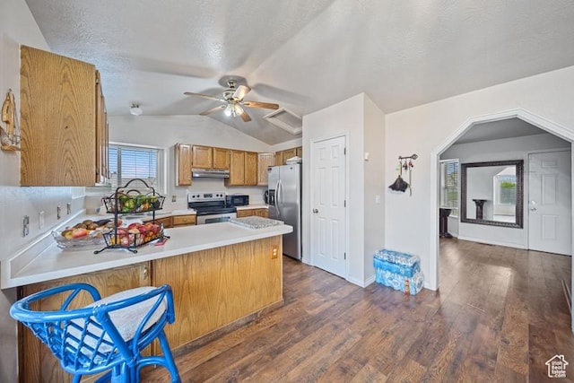 kitchen with stainless steel appliances, vaulted ceiling, a peninsula, light countertops, and dark wood-style floors