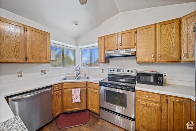 kitchen with appliances with stainless steel finishes, a sink, under cabinet range hood, lofted ceiling, and dark wood-type flooring