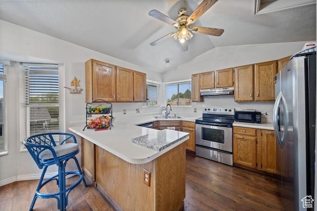 kitchen with stainless steel appliances, a peninsula, lofted ceiling, under cabinet range hood, and a ceiling fan