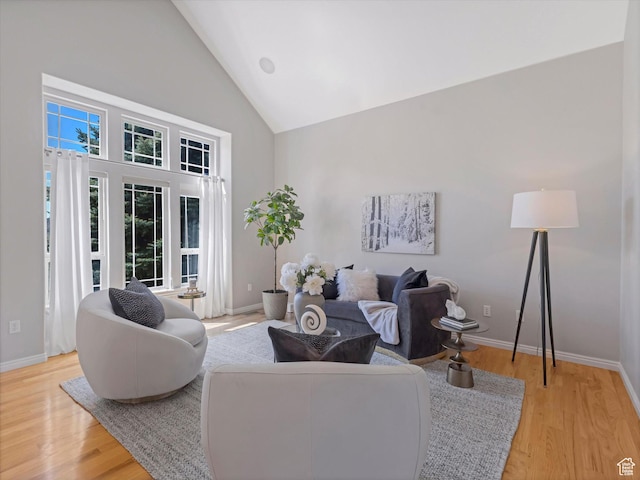 living area featuring high vaulted ceiling, baseboards, and wood finished floors