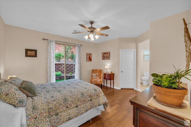 1668 W Lakota Dr, St George, UT 84770 - bedroom with wood finished floors, access to exterior, baseboards, ceiling fan, and connected bathroom