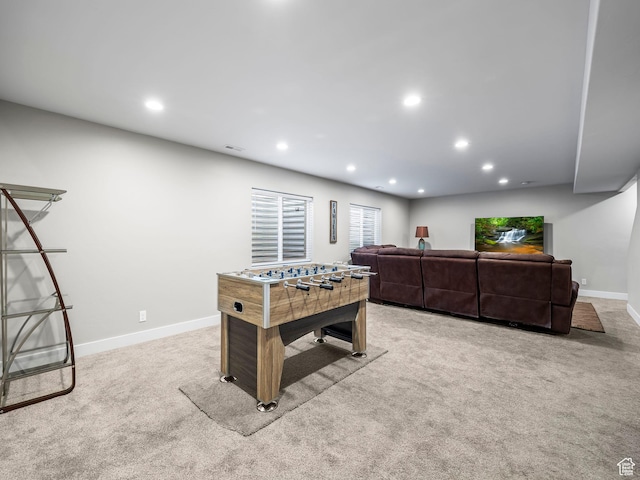 game room featuring carpet floors, recessed lighting, and baseboards