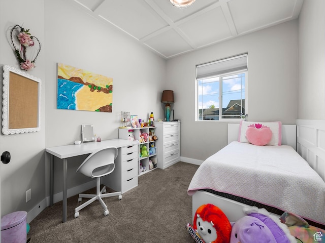 bedroom featuring dark carpet, coffered ceiling, and baseboards