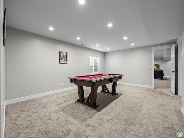 recreation room featuring pool table, light carpet, recessed lighting, and baseboards