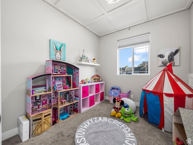 rec room featuring carpet, baseboards, and coffered ceiling