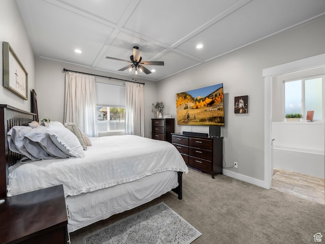 bedroom with coffered ceiling, baseboards, light carpet, a ceiling fan, and recessed lighting