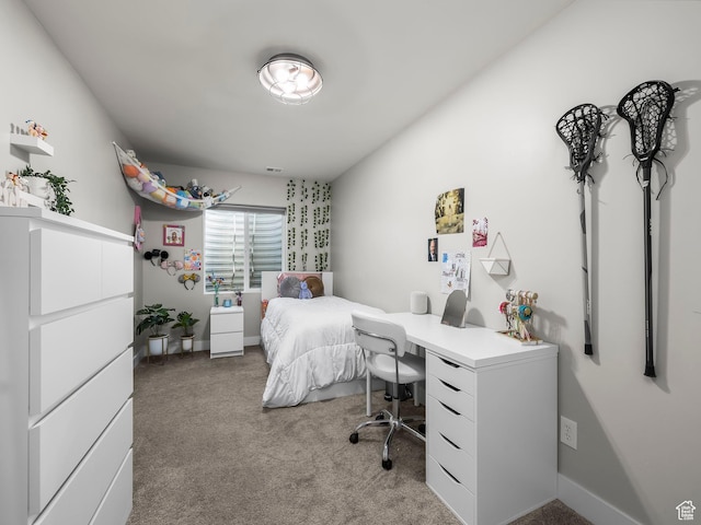 bedroom featuring carpet and an office area
