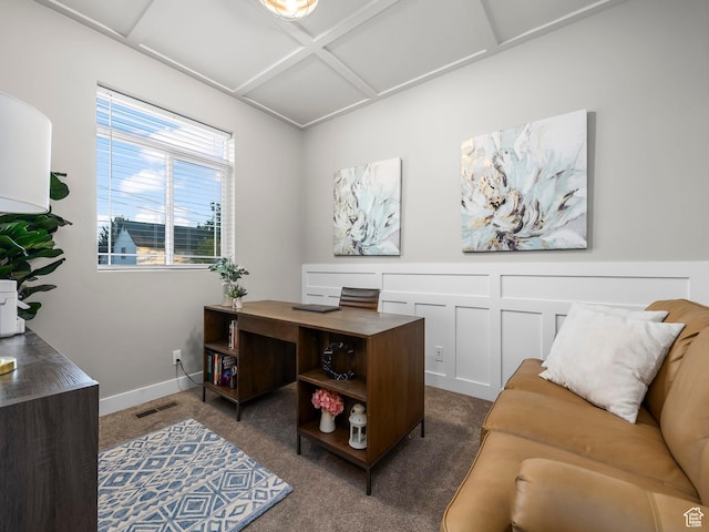 home office featuring dark carpet