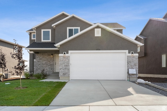 view of front of home with stone siding, concrete driveway, and stucco siding
