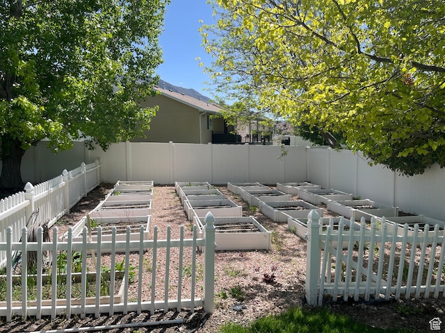 fenced backyard with a vegetable garden