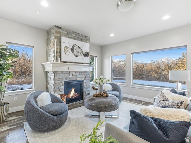 living room featuring wood finished floors, a stone fireplace, baseboards, and recessed lighting