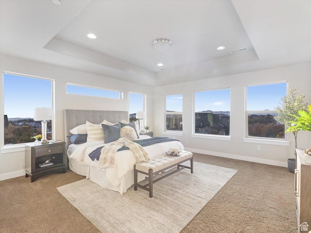 carpeted bedroom featuring a tray ceiling, multiple windows, baseboards, and recessed lighting