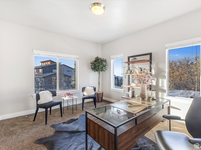 carpeted office featuring baseboards