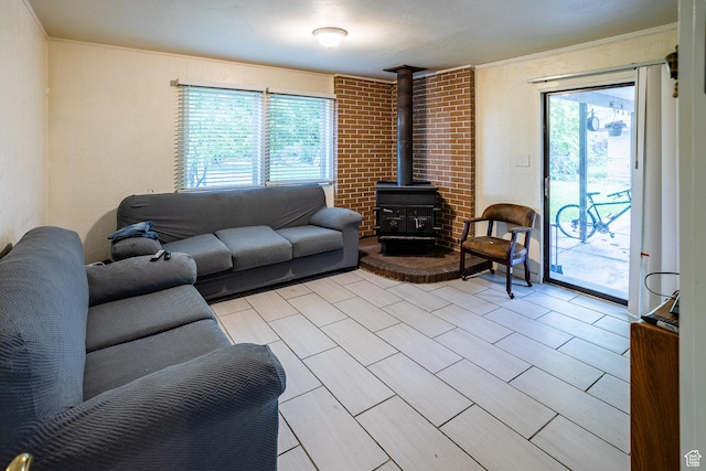853 N 1250 W, Provo, UT 84604 - living area featuring a wood stove and crown molding