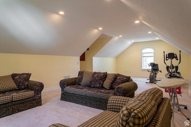 living area with carpet flooring, vaulted ceiling, baseboards, and recessed lighting