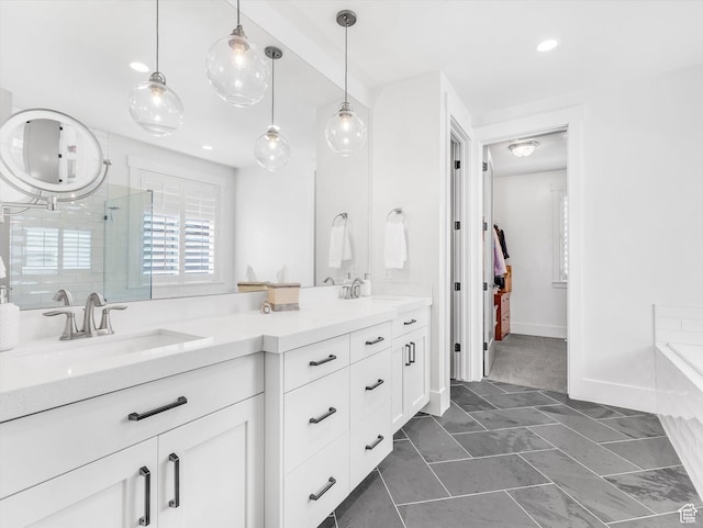 11896 S Verde View Cv, Riverton, UT 84065 - full bath featuring double vanity, a bath, a shower, marble finish floors, and a spacious closet